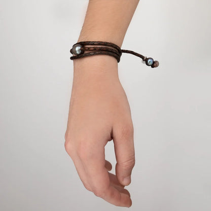 Pulsera/choker de 60cm de piel de borrego en trenza redonda de 4 hilos con 3 perlas tahitianas 8-10mm - Joyería y bisutería fina