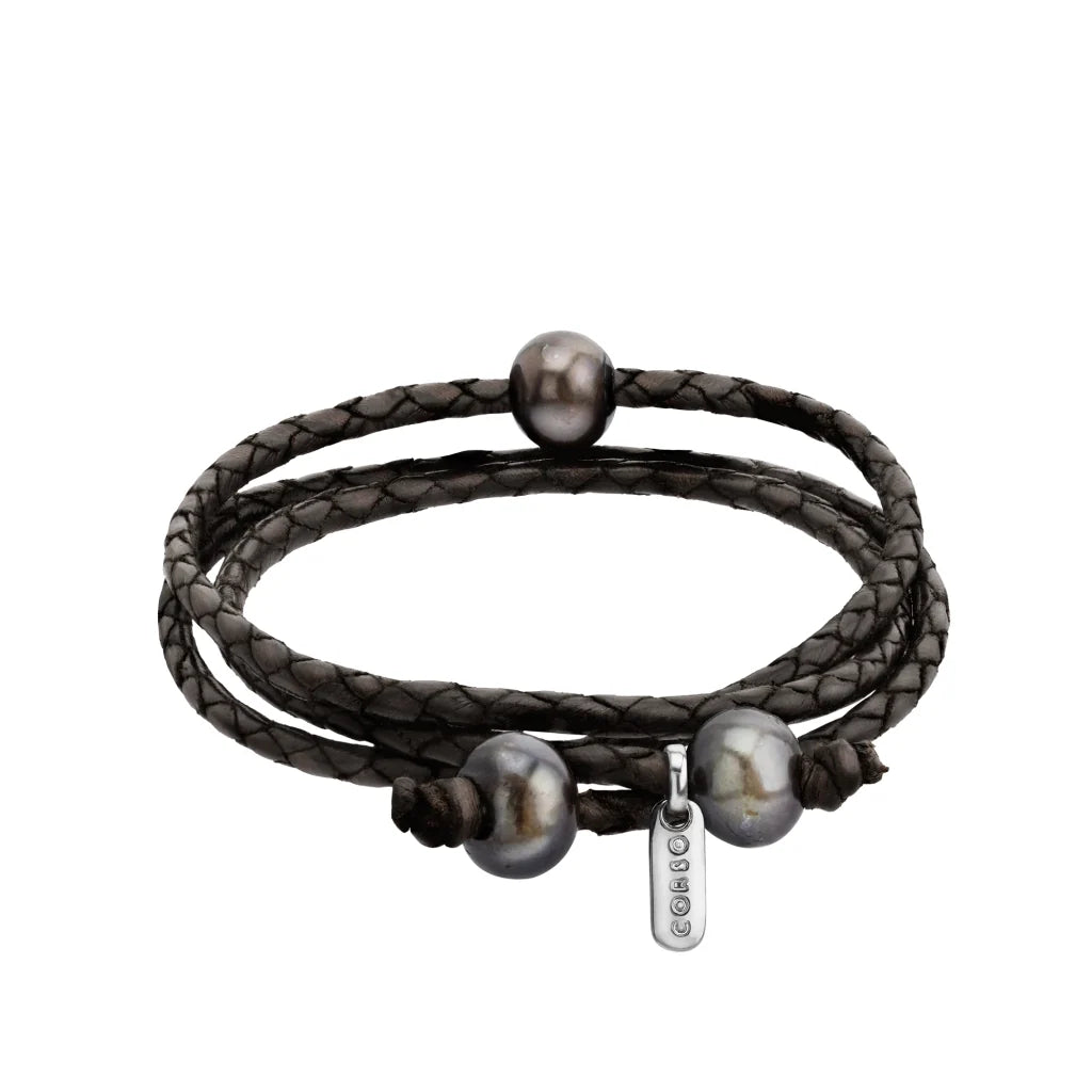 Pulsera/choker de 60cm de piel de borrego en trenza redonda de 4 hilos con 3 perlas tahitianas 8-10mm - Joyería y bisutería fina