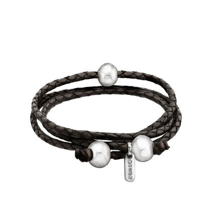 Pulsera/choker de 60cm de piel de borrego en trenza redonda de 4 hilos con 3 perlas japonesas 8-10mm - Joyería y bisutería fina