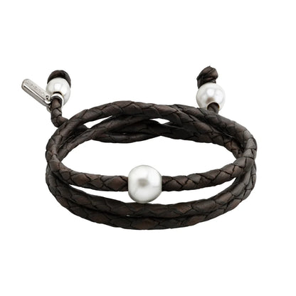 Pulsera/choker de 60cm de piel de borrego en trenza redonda de 4 hilos con 3 perlas japonesas 8-10mm - Joyería y bisutería fina