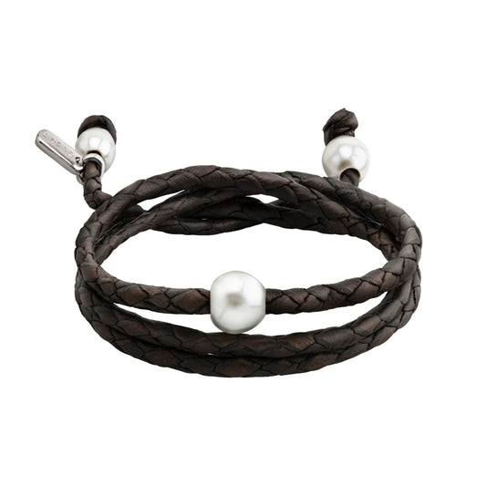 Pulsera/choker de 60cm de piel de borrego en trenza redonda de 4 hilos con 3 perlas japonesas 8-10mm - Joyería y bisutería fina