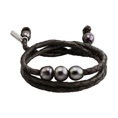 Pulsera/choker de 65cm de piel de borrego en trenza redonda de 4 hilos, con 5 perlas tahitianas 8-10mm - Joyería y bisutería fina