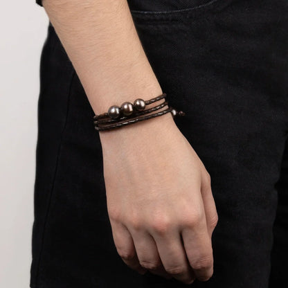 Pulsera/choker de 65cm de piel de borrego en trenza redonda de 4 hilos, con 5 perlas tahitianas 8-10mm - Joyería y bisutería fina