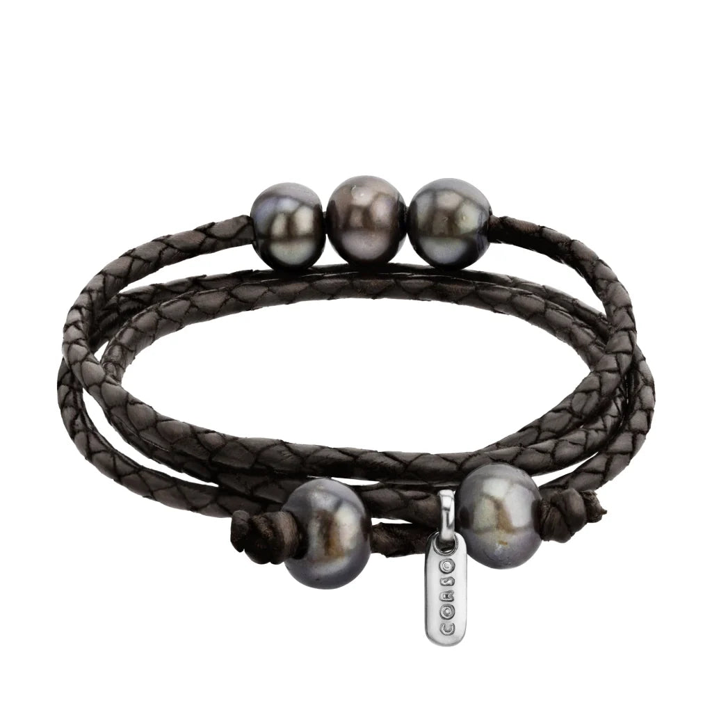 Pulsera/choker de 65cm de piel de borrego en trenza redonda de 4 hilos, con 5 perlas tahitianas 8-10mm - Joyería y bisutería fina