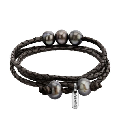 Pulsera/choker de 65cm de piel de borrego en trenza redonda de 4 hilos, con 5 perlas tahitianas 8-10mm - Joyería y bisutería fina