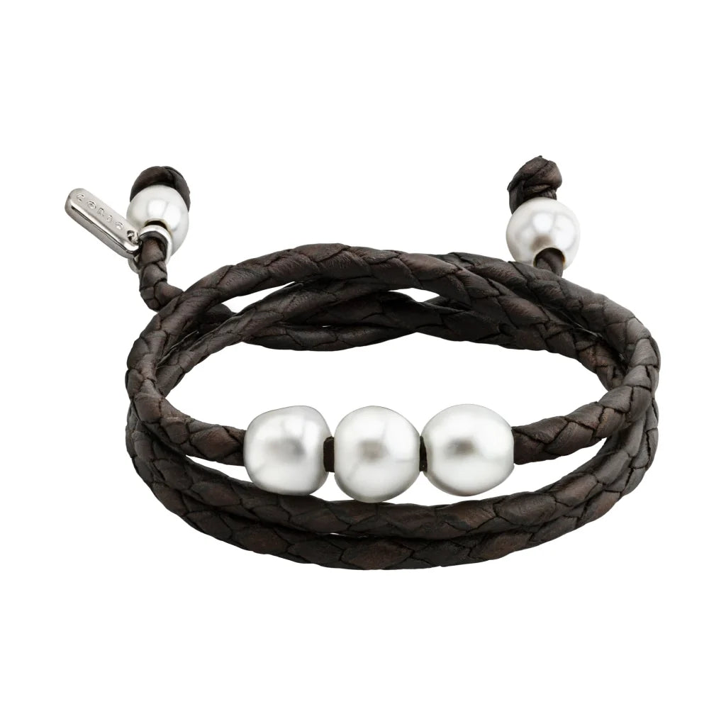 Pulsera/choker de 65cm de piel de borrego en trenza redonda de 4 hilos, con 5 perlas japonesas 8-10mm - Joyería y bisutería fina