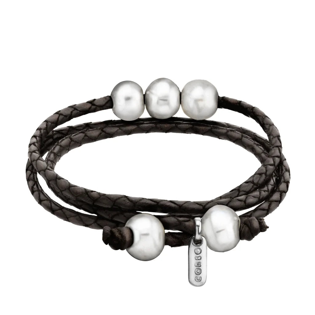 Pulsera/choker de 65cm de piel de borrego en trenza redonda de 4 hilos, con 5 perlas japonesas 8-10mm - Joyería y bisutería fina