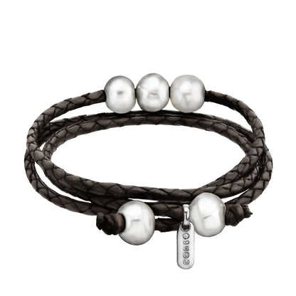 Pulsera/choker de 65cm de piel de borrego en trenza redonda de 4 hilos, con 5 perlas japonesas 8-10mm - Joyería y bisutería fina