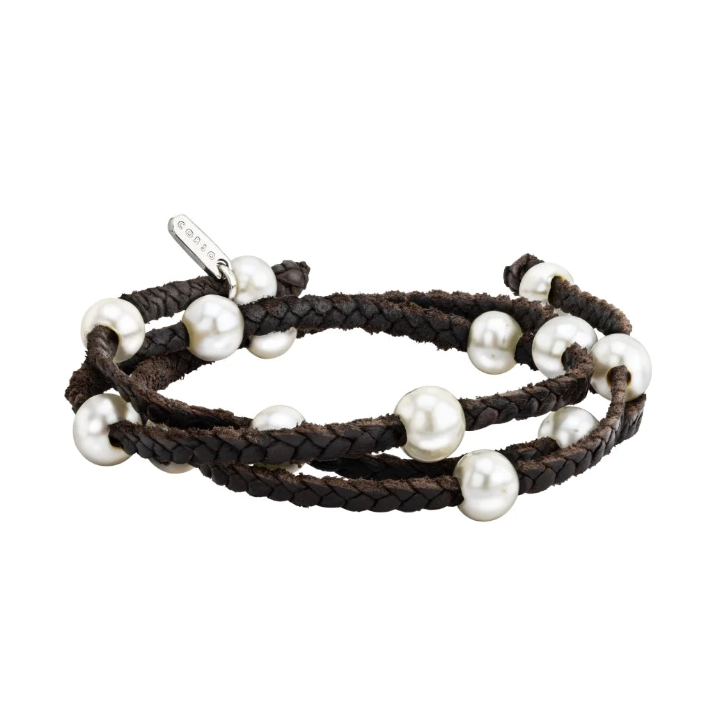 Pulsera/choker de 68cm de piel natural de borrego en trenza de 3 hilos con 14 perlas japonesas 8-10mm - Joyería y bisutería fina