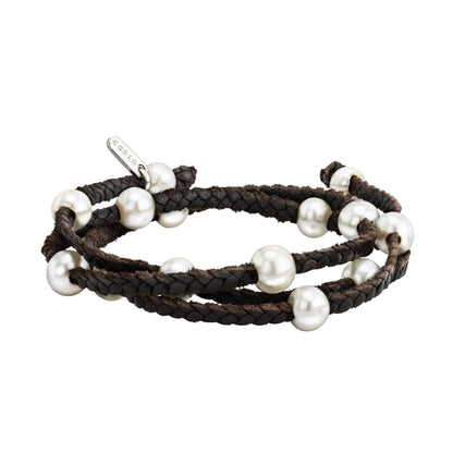 Pulsera/choker de 68cm de piel natural de borrego en trenza de 3 hilos con 14 perlas japonesas 8-10mm - Joyería y bisutería fina