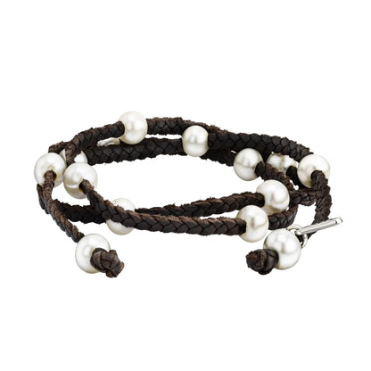 Pulsera/choker de 68cm de piel natural de borrego en trenza de 3 hilos con 14 perlas japonesas 8-10mm - Joyería y bisutería fina