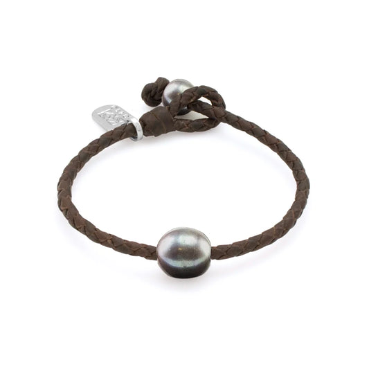 Pulsera de piel natural de borrego en trenza redonda de 4 hilos con perlas tahitianas 8-10mm - Joyería y bisutería fina