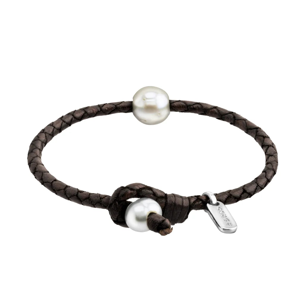 Pulsera de piel natural de borrego en trenza redonda de 4 hilos con perla japonesa 8-10mm - Joyería y bisutería fina