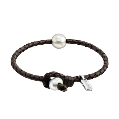 Pulsera de piel natural de borrego en trenza redonda de 4 hilos con perla japonesa 8-10mm - Joyería y bisutería fina