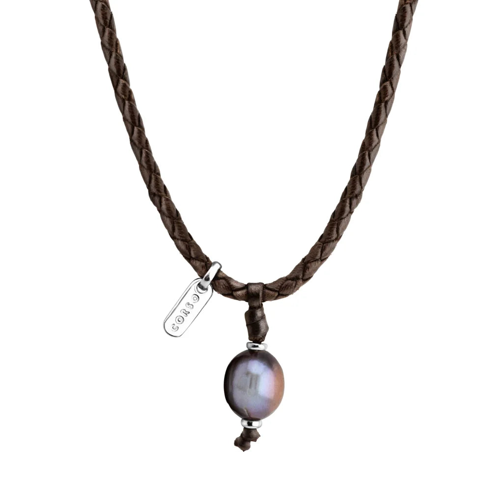 Collar choker en trenza redonda de 4 hilos, doble, de piel natural de borrego, perla tahitiana 8-10mm, con detalles en baño de plata esterlina .925 - Joyería y bisutería fina