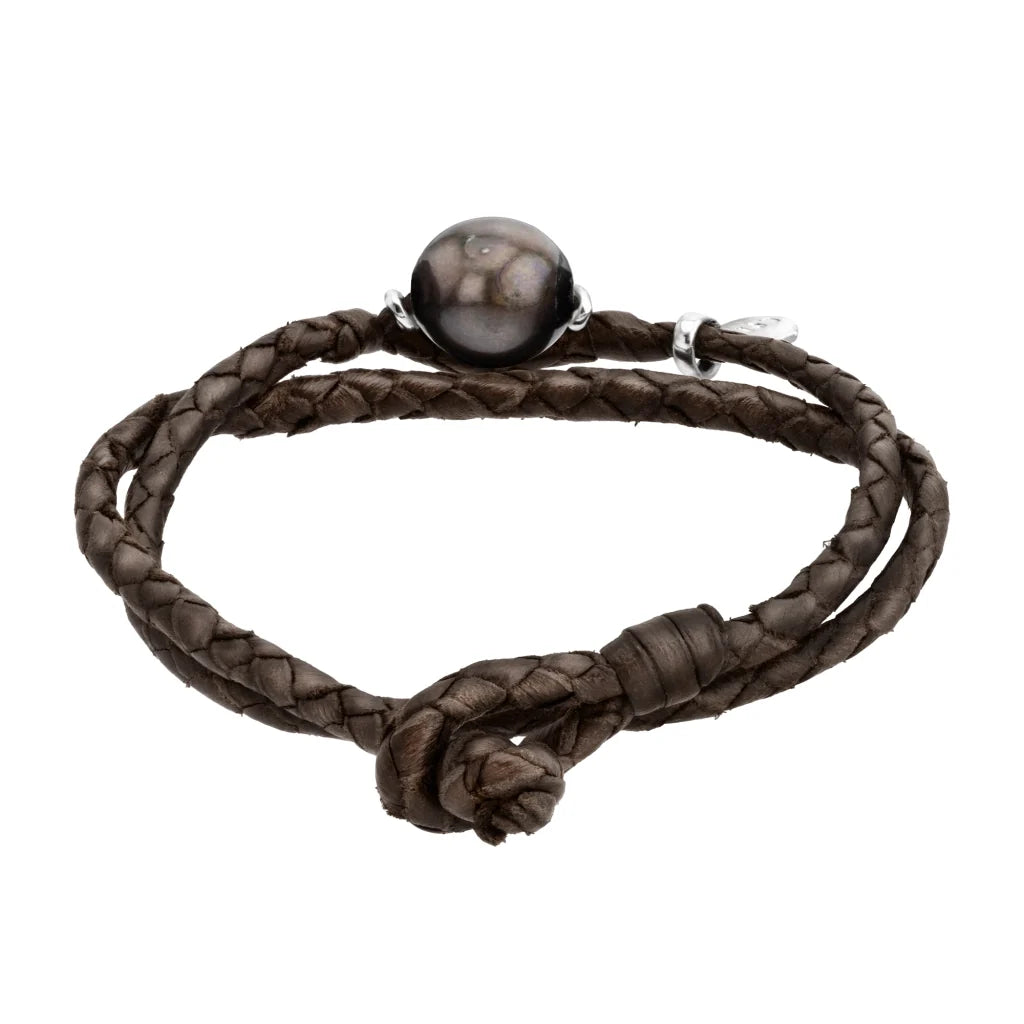 Pulsera en trenza redonda de 4 hilos, doble, de piel natural de borrego, perla tahitiana 8-10mm, con detalles en plata esterlina .925 - Joyería y bisutería fina