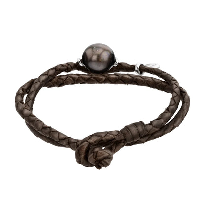 Pulsera en trenza redonda de 4 hilos, doble, de piel natural de borrego, perla tahitiana 8-10mm, con detalles en plata esterlina .925 - Joyería y bisutería fina
