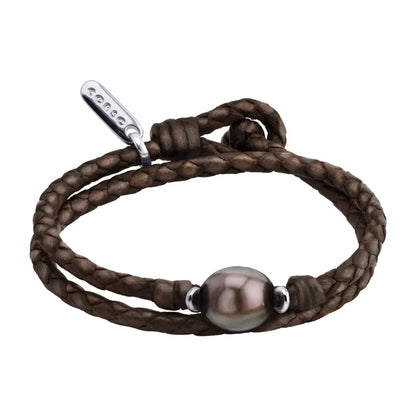 Pulsera en trenza redonda de 4 hilos, doble, de piel natural de borrego, perla tahitiana 8-10mm, con detalles en plata esterlina .925 - Joyería y bisutería fina