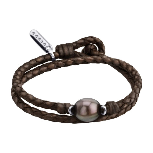 Pulsera en trenza redonda de 4 hilos, doble, de piel natural de borrego, perla tahitiana 8-10mm, con detalles en plata esterlina .925 - Joyería y bisutería fina