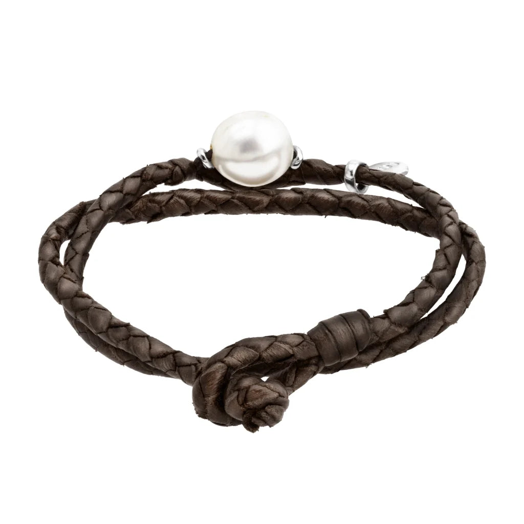 Pulsera de piel natural de borrego en trenza doble redonda de 4 hilos, con perla japonesa 8-10mm con detalles en plata .925 - Joyería y bisutería fina
