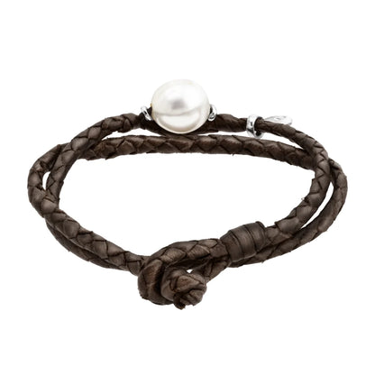 Pulsera de piel natural de borrego en trenza doble redonda de 4 hilos, con perla japonesa 8-10mm con detalles en plata .925 - Joyería y bisutería fina