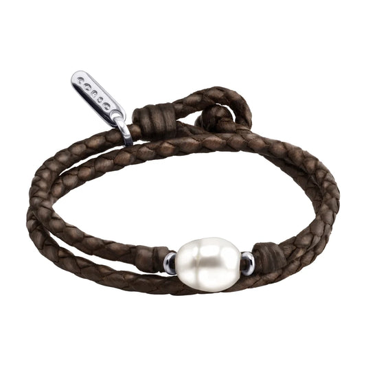 Pulsera de piel natural de borrego en trenza doble redonda de 4 hilos, con perla japonesa 8-10mm con detalles en plata .925 - Joyería y bisutería fina