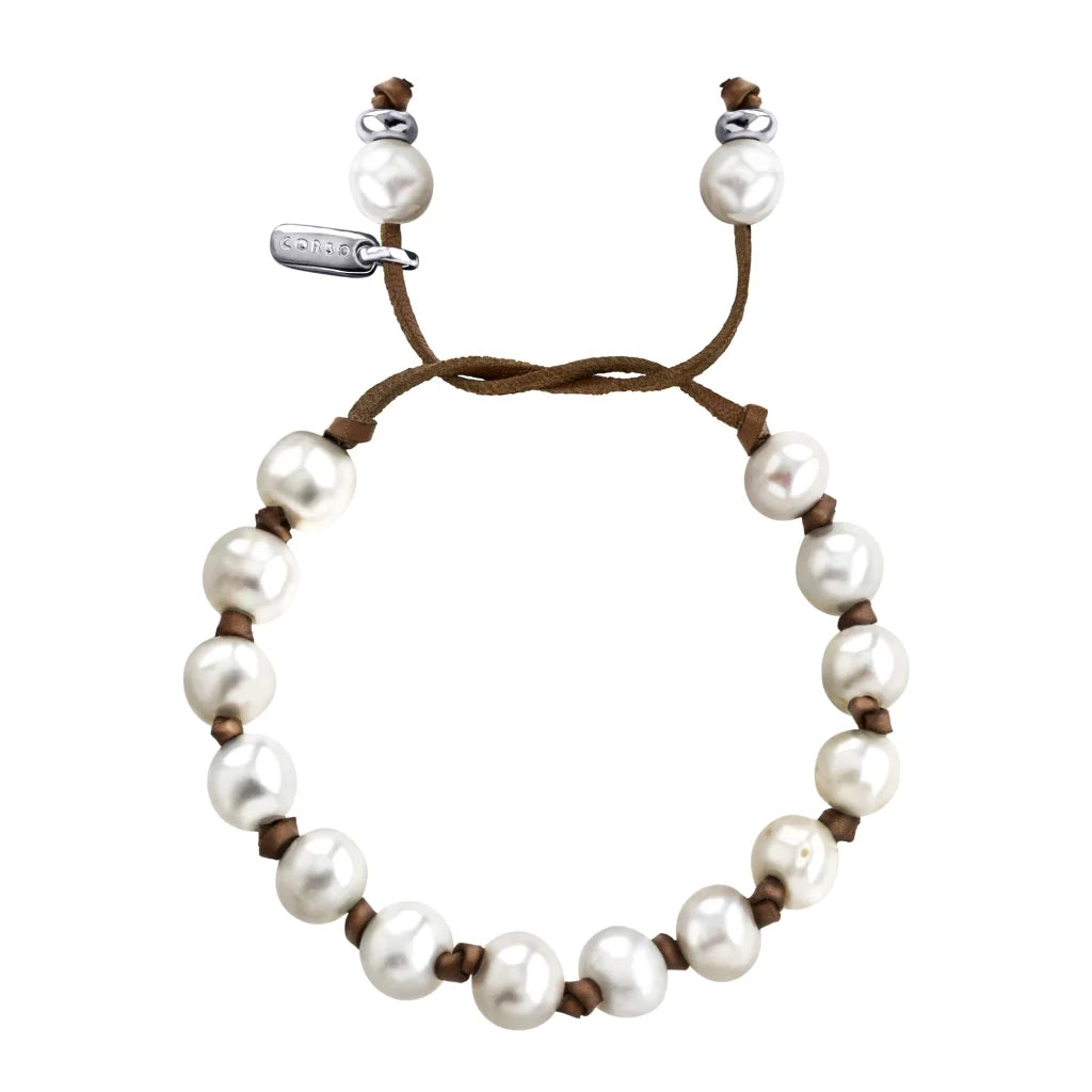 Pulsera ajustable de piel natural de borrego con 15 perlas japonesas 8-10mm - Joyería y bisutería fina