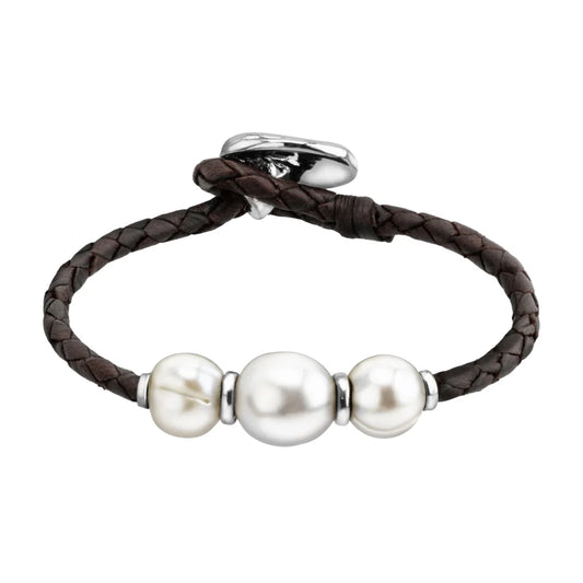 Pulsera de piel natural de borrego en trenza redonda de 4 hilos, con 3 perlas japonesas 8-10mm, con detalles y botón en baño de rodio - Joyería y bisutería fina