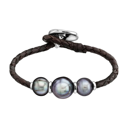 Pulsera de piel natural de borrego en trenza redonda de 4 hilos, con 3 perlas tahitianas 8-10mm, con detalles y botón en baño de rodio - Joyería y bisutería fina
