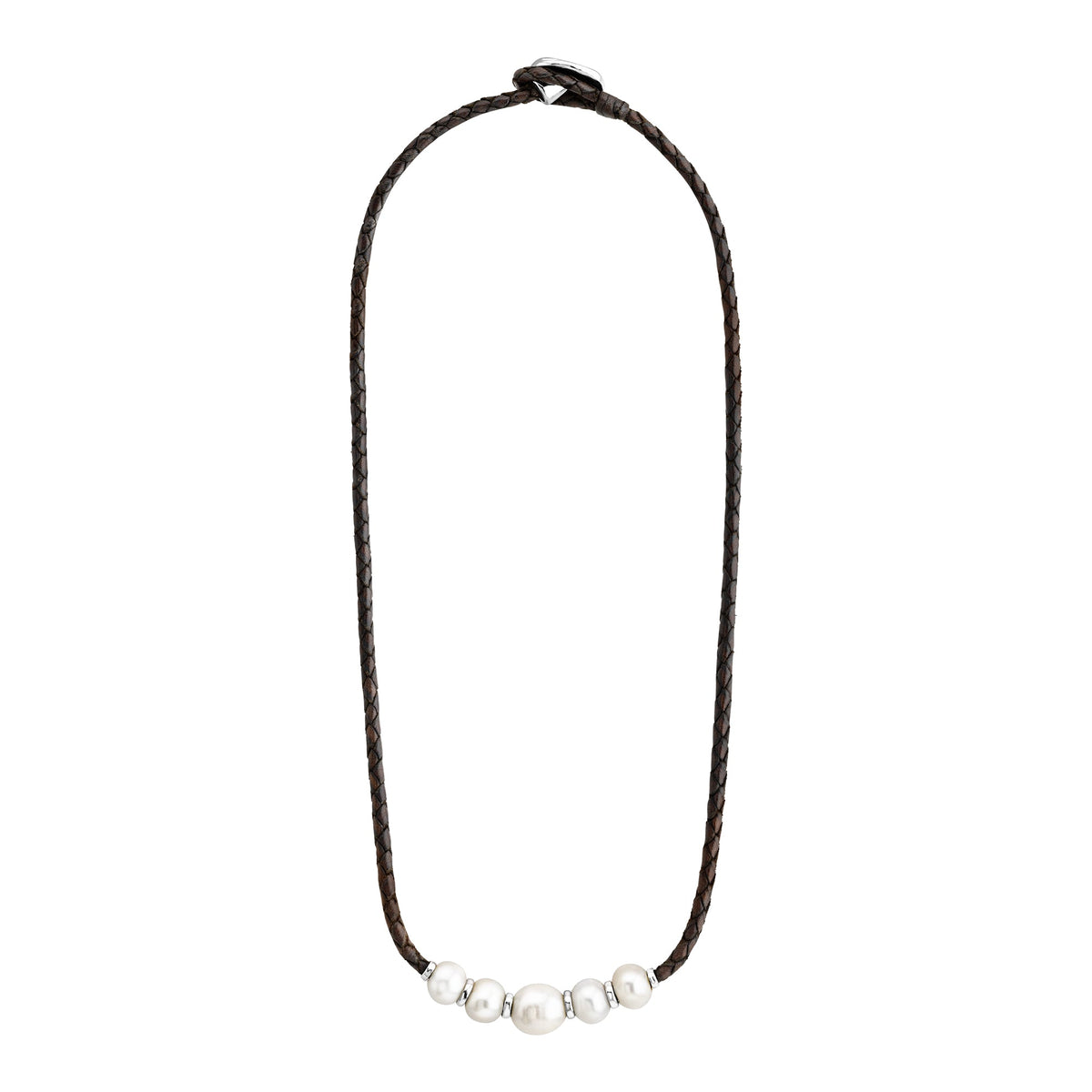 Collar choker con piel de borrego en trenza de 4 hilos con 5 perlas japonesas de 8-10mm con detalles en baño de rodio - Joyería y bisutería fina