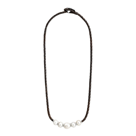Collar choker con piel de borrego en trenza de 4 hilos con 5 perlas japonesas de 8-10mm con detalles en baño de rodio - Joyería y bisutería fina