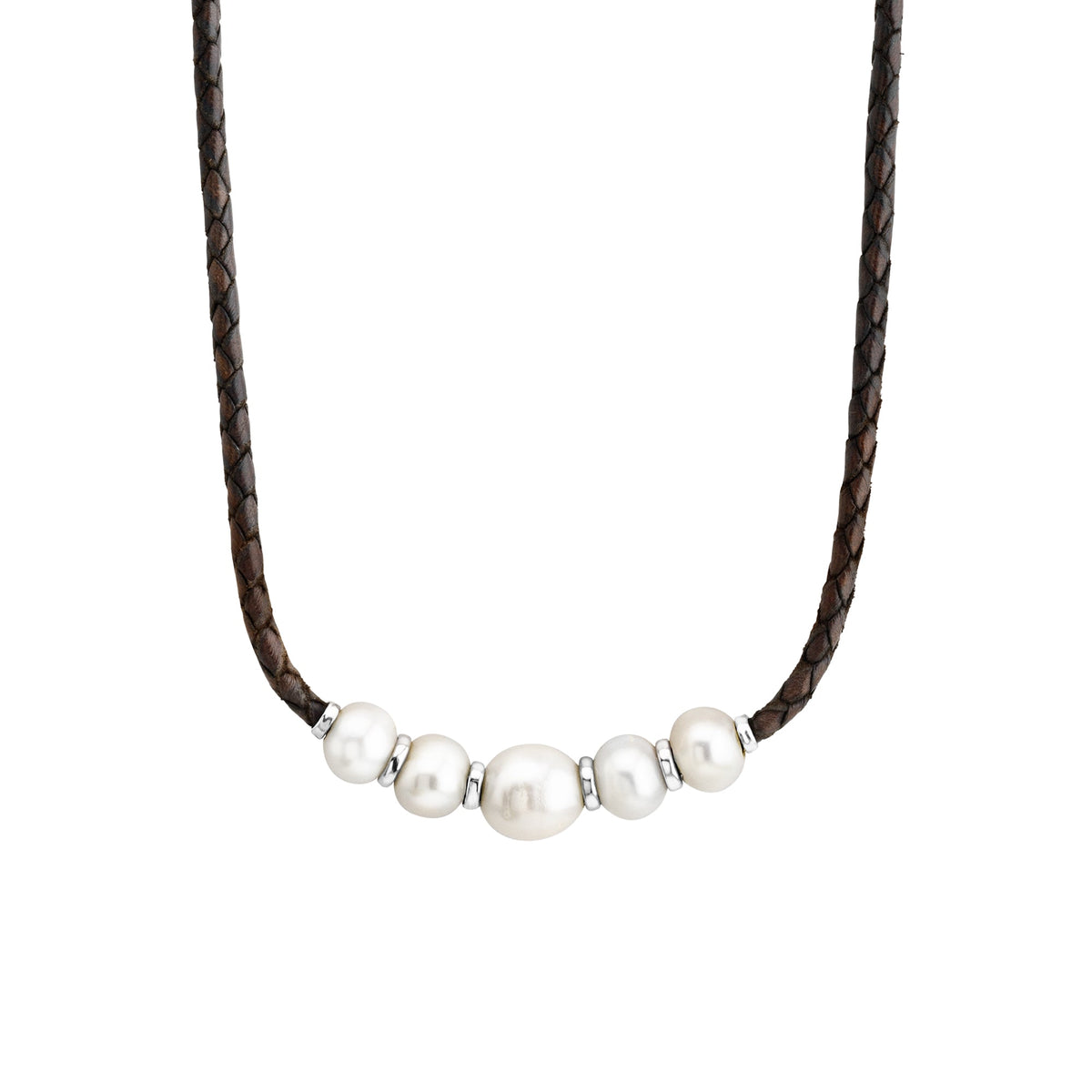 Collar choker con piel de borrego en trenza de 4 hilos con 5 perlas japonesas de 8-10mm con detalles en baño de rodio - Joyería y bisutería fina
