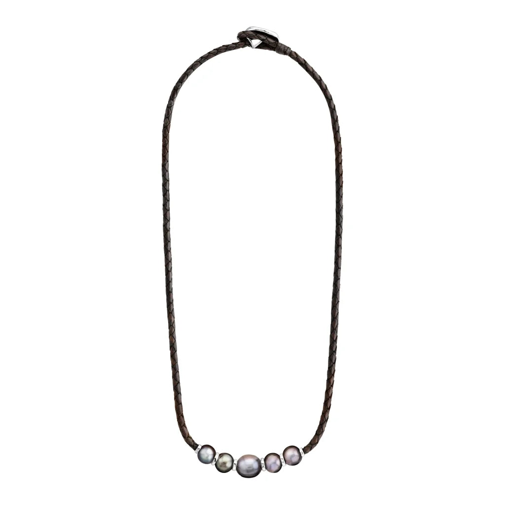 Collar choker de piel natural de borrego en trenza de 4 hilos y cierre de botón, con cinco perlas tahitianas de 8-10mm y detalles en baño de rodio - Joyería y bisutería fina