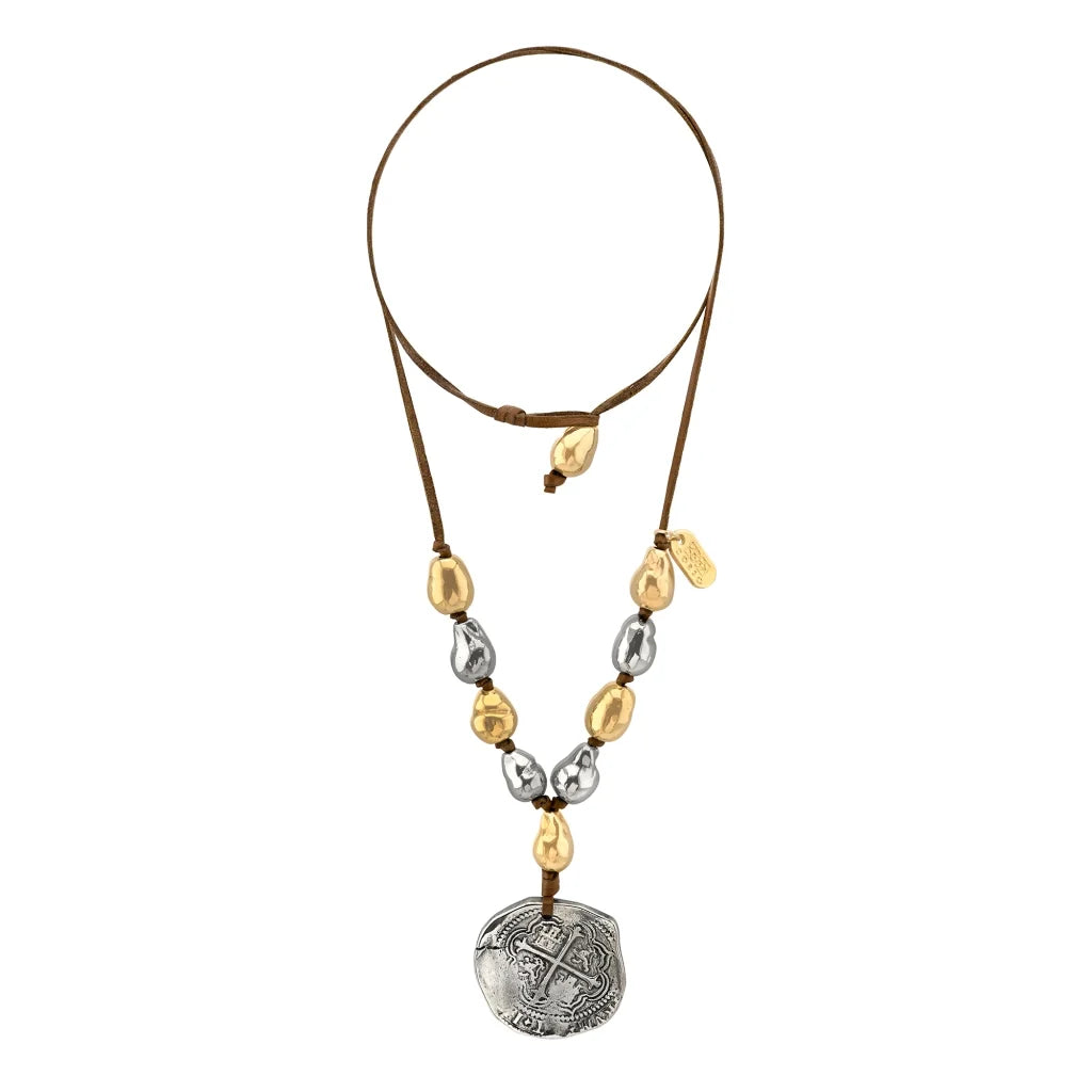 Collar de 34cm de piel de canguro, con real español colonial, con 6 perlas en baño de oro de 22K y 4 en baño de rodio - Joyería y bisutería fina