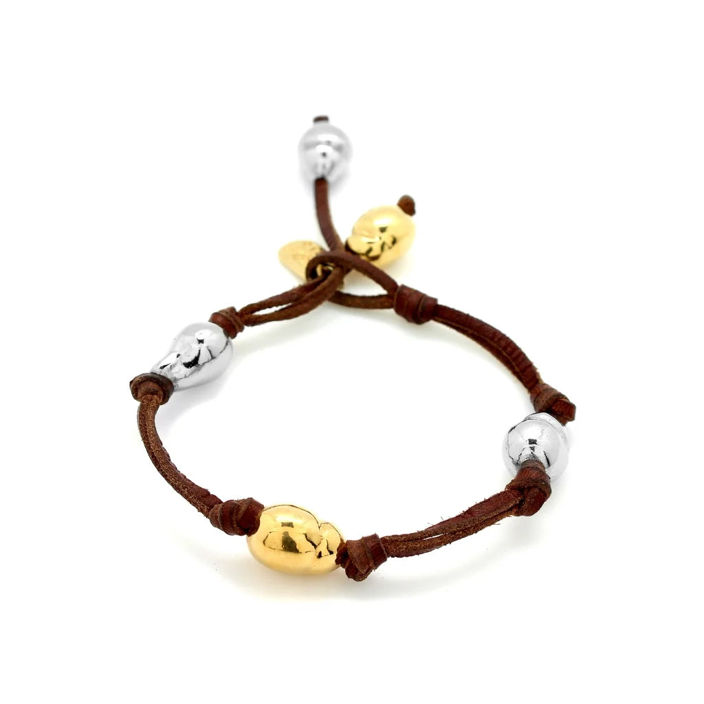 Pulsera de piel de canguro, con 2 perlas en baño de oro de 22K y 3 en año de rodio - Joyería y bisutería fina