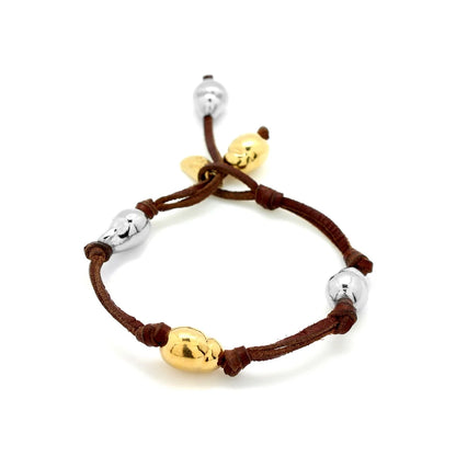 Pulsera de piel de canguro, con 2 perlas en baño de oro de 22K y 3 en año de rodio - Joyería y bisutería fina