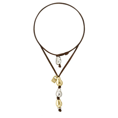 Collar de 31cm de piel de canguro, con 2 perlas en baño de oro de 22K y 2 en baño de rodio - Joyería y bisutería fina