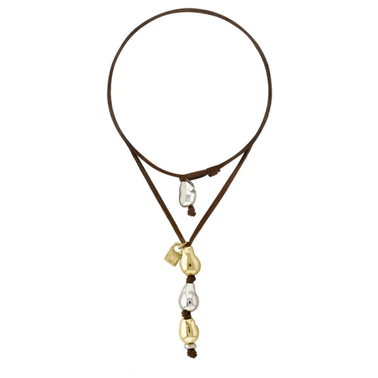 Collar de 31cm de piel de canguro, con 2 perlas en baño de oro de 22K y 2 en baño de rodio - Joyería y bisutería fina