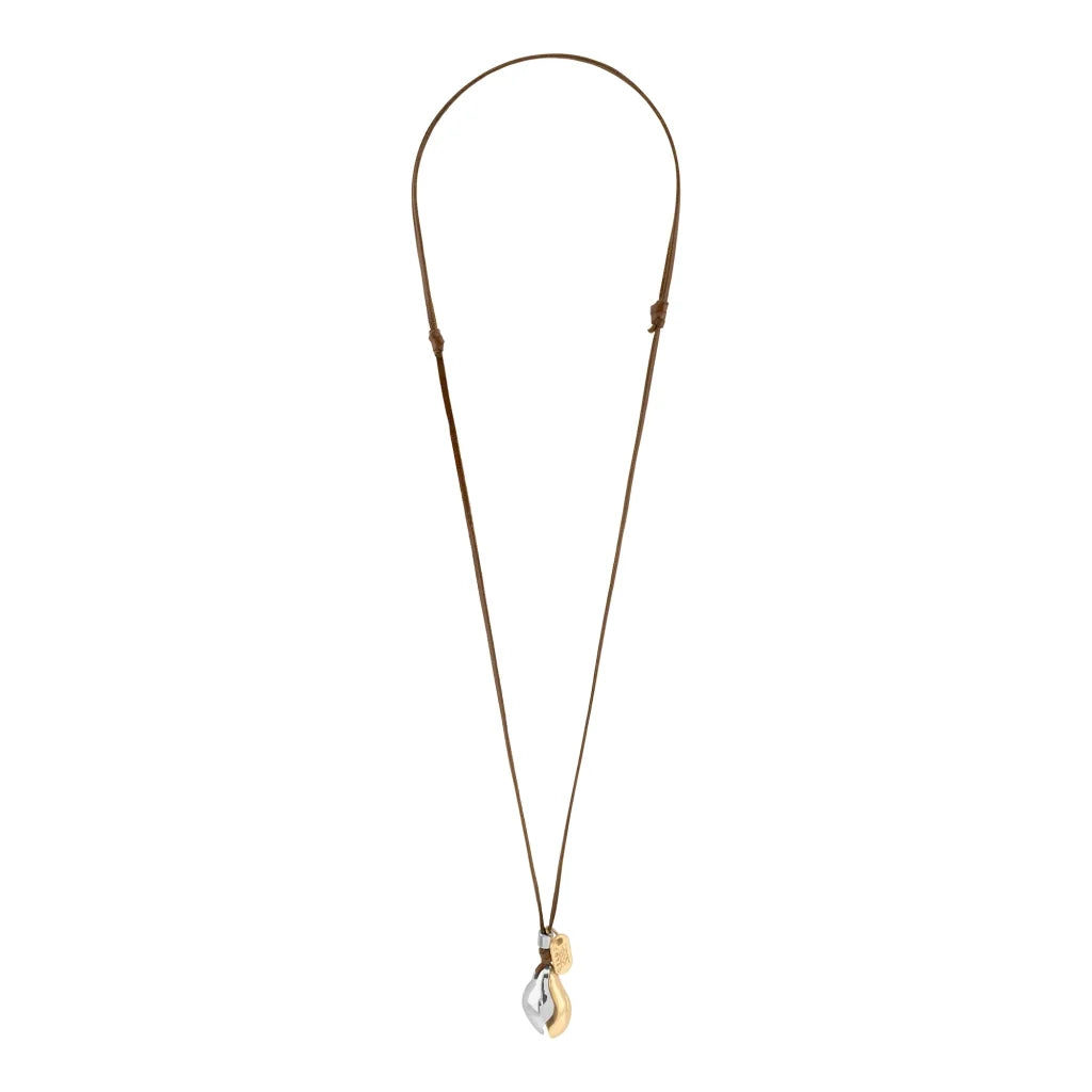 Collar de 40cm de piel de canguro, con perla dividida simulando el ying yang en baño de rodio y oro de 22K - Joyería y bisutería fina