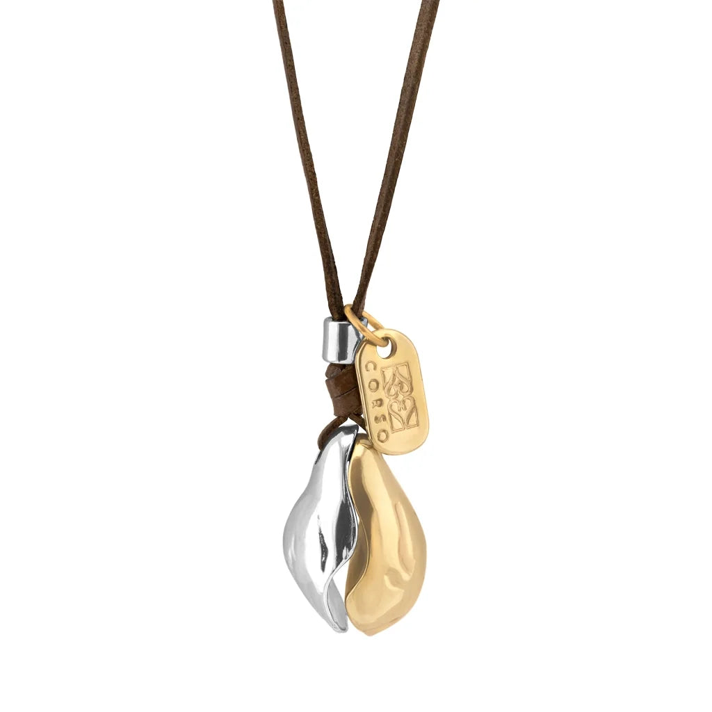 Collar de 40cm de piel de canguro, con perla dividida simulando el ying yang en baño de rodio y oro de 22K - Joyería y bisutería fina