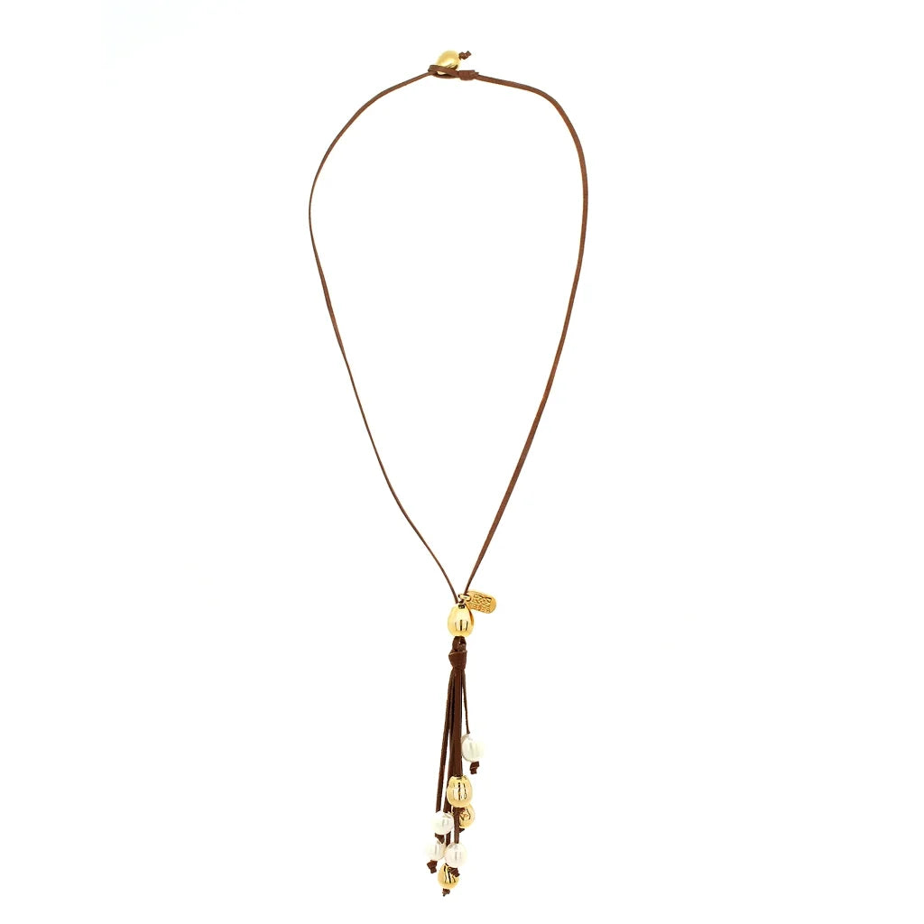 Collar de 45cm de piel de canguro, con 4 perlas blancas japonesas 12-14mm y 5 perlas en baño de oro de 22K - Joyería y bisutería fina