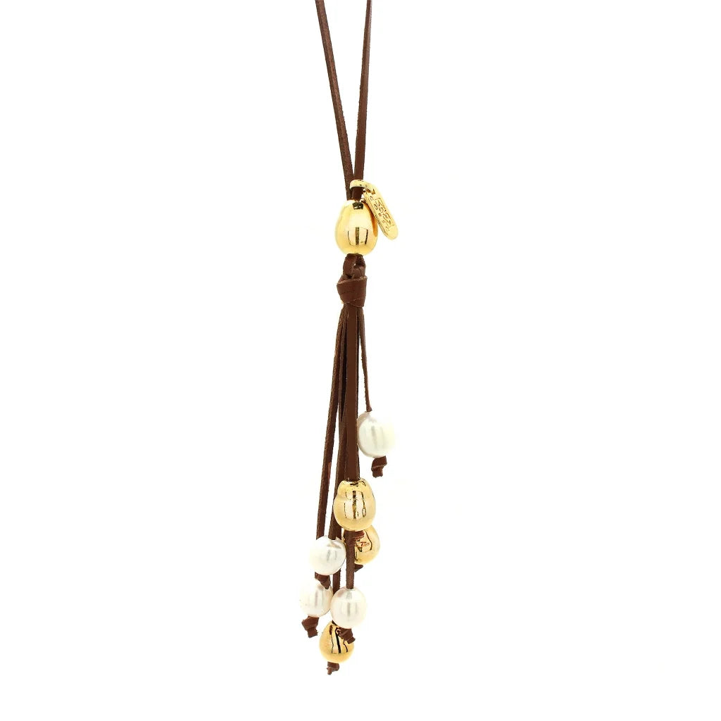Collar de 45cm de piel de canguro, con 4 perlas blancas japonesas 12-14mm y 5 perlas en baño de oro de 22K - Joyería y bisutería fina