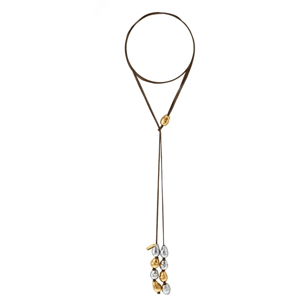 Collar de piel de canguro, con 5 perlas de rodio y 4 en baño de oro 22K - Joyería y bisutería fina