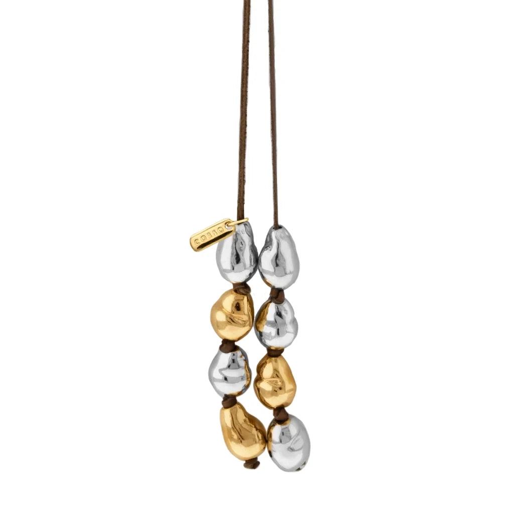 Collar de piel de canguro, con 5 perlas de rodio y 4 en baño de oro 22K - Joyería y bisutería fina