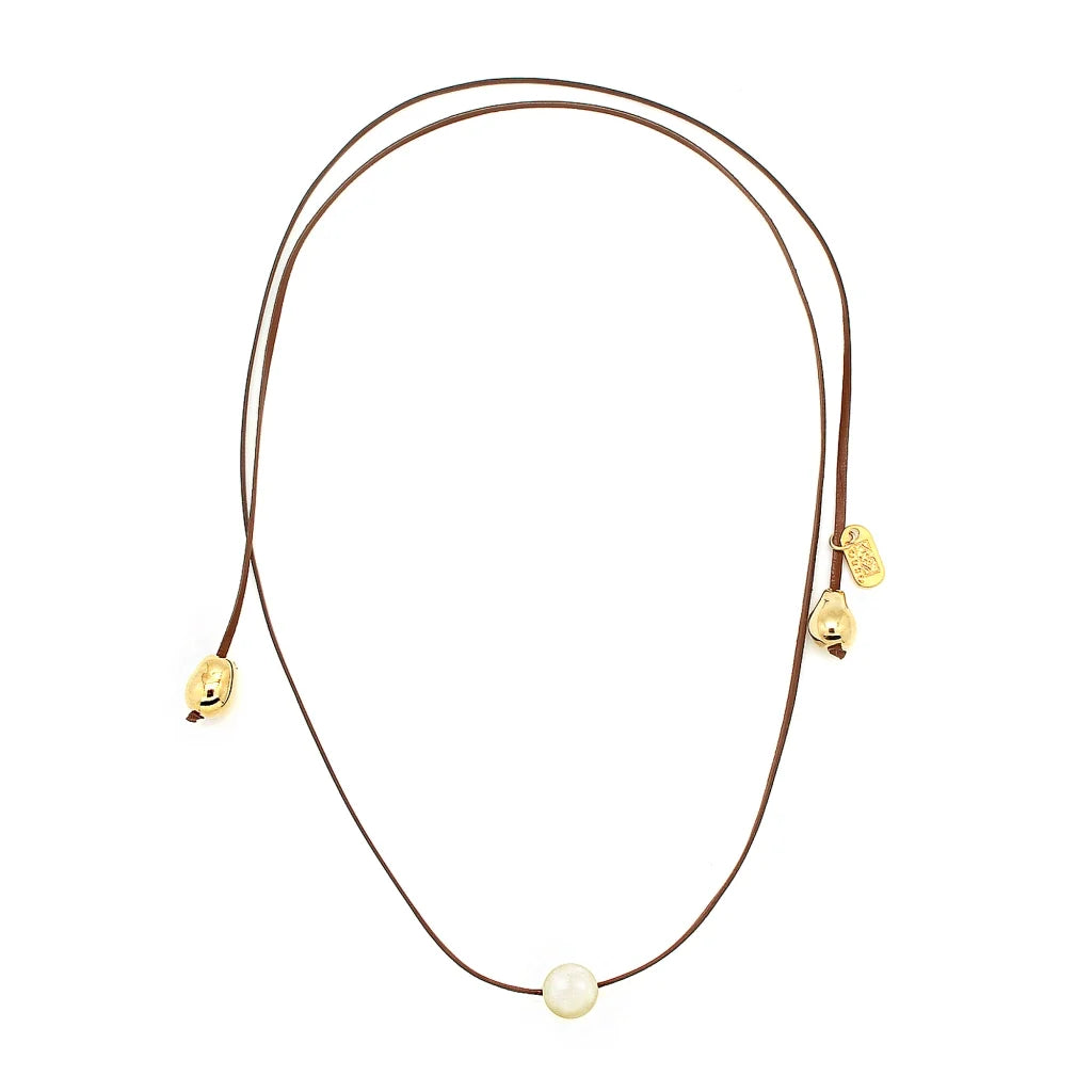 Pulsera de piel de canguro, con perla japonesa 12-14mm, 2 perlas en baño de oro de 22K - Joyería y bisutería fina