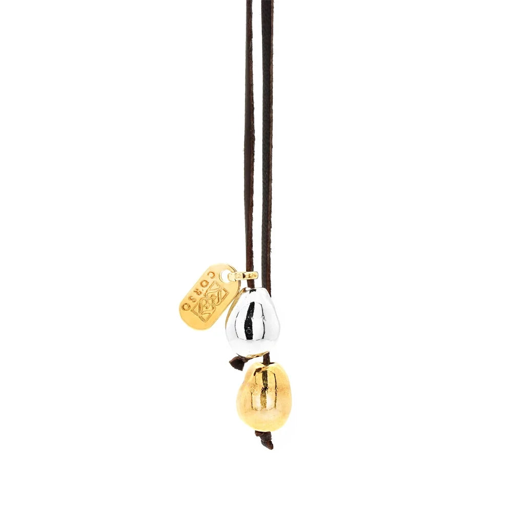 Collar de 45cm de piel de borrego, con 2 perlas, una en baño de rodio y otra en baño de oro 22K - Joyería y bisutería fina