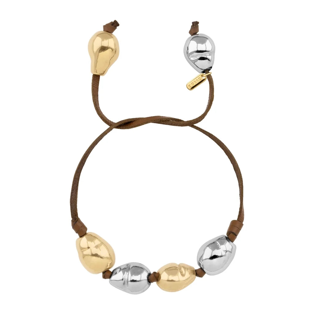 Pulsera de piel de canguro, con 3 perlas en baño de rodio y 3 perlas en baño de oro de 22K - Joyería y bisutería fina