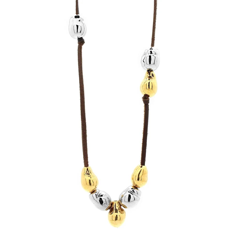 Collar de piel de canguro, con 9 perlas en baño de rodio y 18 perlas en baño de oro de 22K - Joyería y bisutería fina
