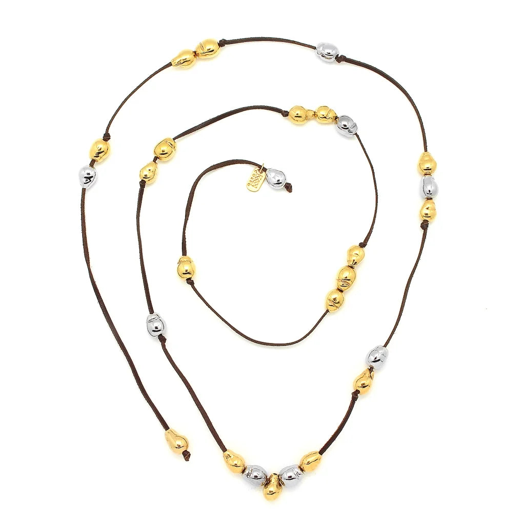Collar de piel de canguro, con 9 perlas en baño de rodio y 18 perlas en baño de oro de 22K - Joyería y bisutería fina
