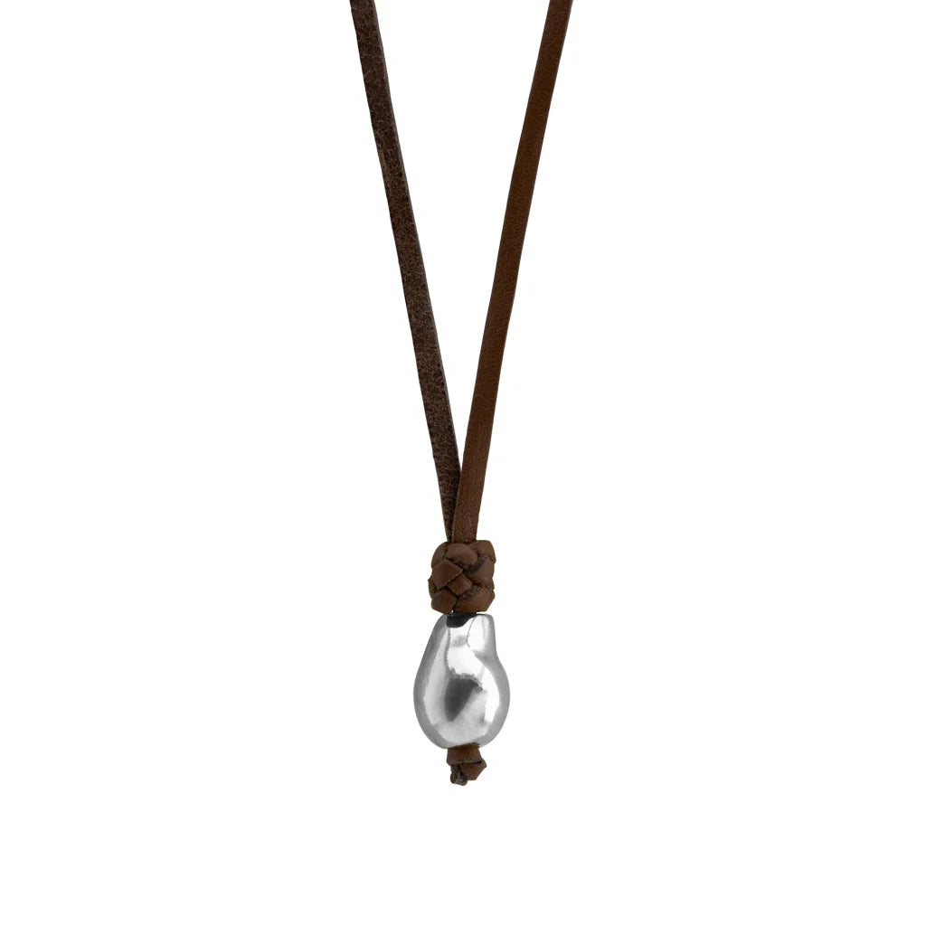 Collar de 35cm de piel de canguro, con una perla en baño de rodio - Joyería y bisutería fina